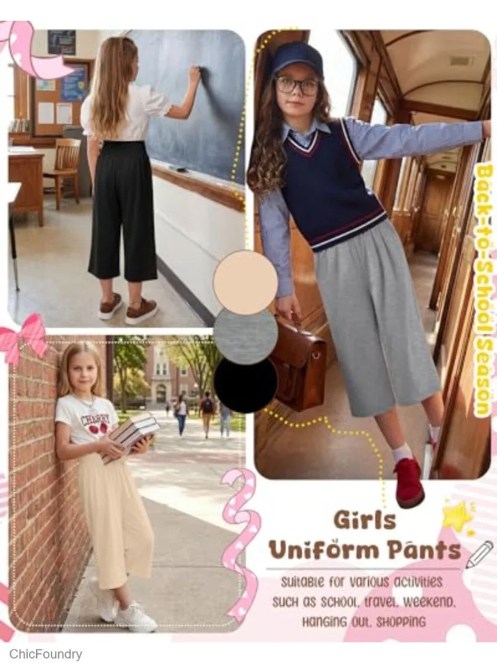 Girls Wide Leg Capri Pants with Pockets, 3 Pack, Elastic Waist, 5-14